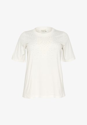Biele tričko s krátkymi rukávmi vyrobené z bavlny, ktoré má okrúhly výstrih a dekoratívny vzor malých, kovovým podobných cvokov po celej hrudi.