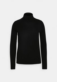 Pull en col roulé noir en tissu lisse, avec des manches longues et une coupe ajustée. Aucun motif visible ni accents supplémentaires.