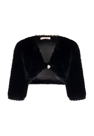 Zwarte faux fur bolero jack met korte mouwen, een ronde halslijn en een enkele decoratieve knoop aan de voorkant in het midden. Glad binnenvoering.