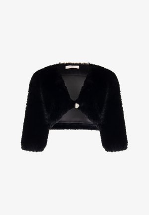 Zwarte faux fur bolero jack met korte mouwen, een ronde halslijn en een enkele decoratieve knoop aan de voorkant in het midden. Glad binnenvoering.