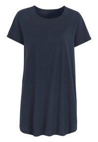 Dunkelblaues T-Shirt mit kurzen Ärmeln aus weichem Stoff, mit Rundhalsausschnitt, lockerer Passform und abgerundetem Saum für zusätzlichen Komfort.