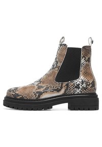 Bottes Chelsea à imprimé serpent marron et noir avec panneaux latéraux élastiques, semelle en caoutchouc noir robuste et languettes pour faciliter l'enfilage.