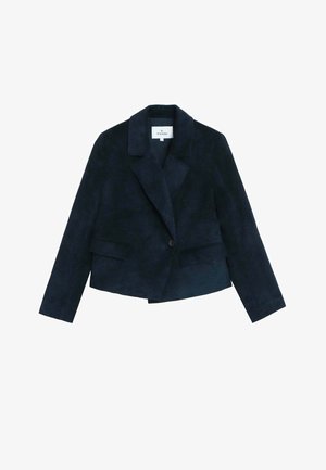 Navy corduroy blazer with a notched collar, single button closure, and two front pockets. Textured surface with a fitted, cropped design.