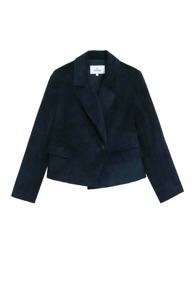 Blazer de pana en color azul marino con solapas, cierre de un solo botón y dos bolsillos frontales. Superficie texturizada con un diseño ajustado y corto.