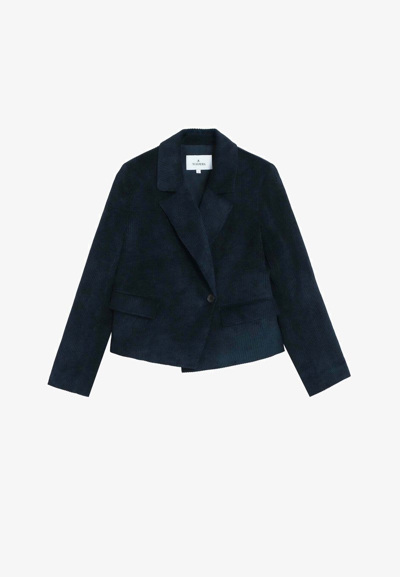 Blazer de pana en color azul marino con solapas, cierre de un solo botón y dos bolsillos frontales. Superficie texturizada con un diseño ajustado y corto.