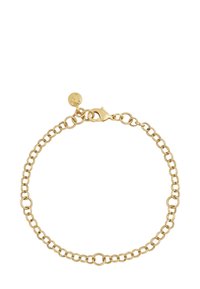 Gold chain bracelet with circular links and a lobster clasp, featuring a small round charm near the clasp.