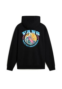 Czarna bluza z kapturem z kolorową grafiką szkieletu surfującego na fali, z napisem "VANS WAVE SMASHER" w niebieskich i różowych akcentach.