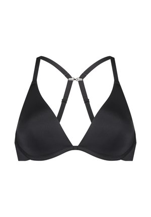 Bralette triangulaire noir avec une texture lisse, des bretelles réglables et un clip à l'arrière, présentant un design minimaliste et sans embellissements.