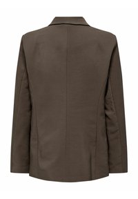 Bruine, op maat gemaakte blazer met een gladde textuur, enkele rugventilatie en geknipte revers. Beschikt over lange mouwen en een minimalistisch ontwerp.