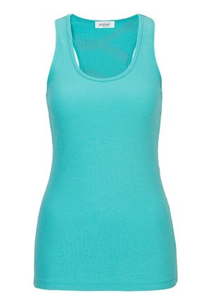 Turkusowy prążkowany bezrękawnik z okrągłym dekoltem i metką marki Replay wewnątrz tylnej części kołnierza.