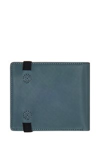 Portefeuille en cuir bleu foncé avec deux détails embossés ronds, fermeture à élastique noir, lignes épurées et couture contrastante.
