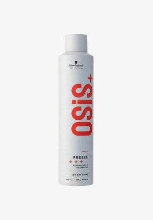 Witte spuitbus met vette rode tekst met "Osis+ Freeze" en zwarte accenten. Het productlabel geeft sterke hold aan voor droog haar, 300 ml.
