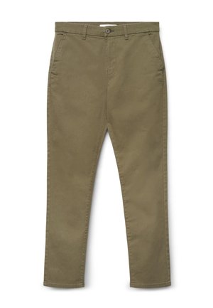 Pantaloni dritti color verde oliva chiaro con chiusura con bottone e cerniera e tasche laterali, mostrati su sfondo bianco.