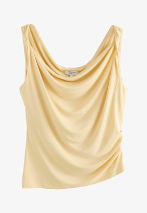 Mouwloze lichtgele blouse met gedrapeerde watervalhals en subtiele plooien op de schouders, gemaakt van glad, lichtgewicht stof.