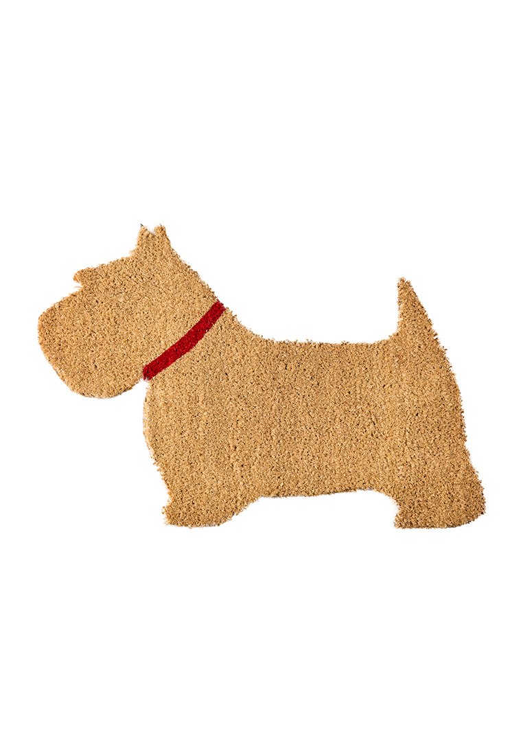 Synthetische Fußmatte in Form eines Hundes. Beige Farbe mit strukturierter Oberfläche und einem roten Halsband-Akzent.