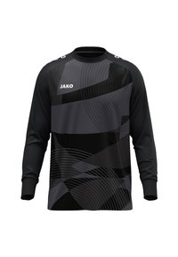 Schwarzes Sportshirt mit langen Ärmeln und einem geometrischen Muster in verschiedenen Grautönen. Es verfügt über einen Rundhalsausschnitt und gerippte Bündchen.