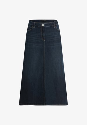 Dunkelblauer Denim-Rock in A-Linie mit vorderer Knopfleiste und Reißverschluss, Gürtelschlaufen und kontrastierenden Nähten, knielanges Design.