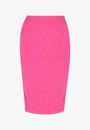 Rózsaszín kötött ceruzaszoknya, mely ovális formájú textúrával és apró díszítésekkel rendelkezik. Rugalmas derékpánt.