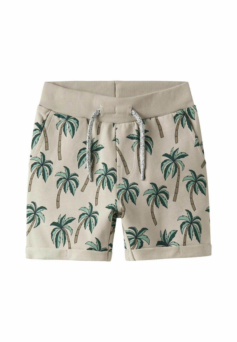 Beiga shorts med palmträdsmönster, med en ribbad midjeband, dragsko och uppvikta fållar. Tillverkade av mjukt bomullsmaterial.