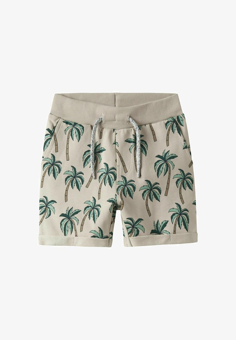 Shorts beiges avec un motif de palmiers, dotés d'une taille côtelée, d'un cordon de serrage et de revers. Fabriqués en coton doux.