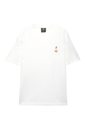White short-sleeve T-shirt with a round neck featuring a small embroidered design of a plant in a pot on the left chest area.