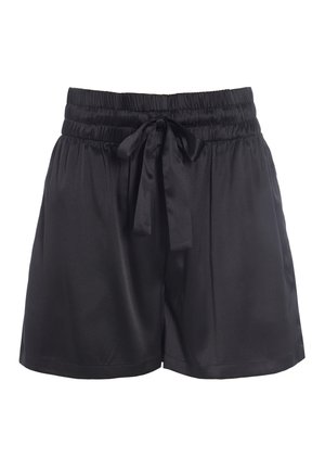 Shorts en satin noir avec une taille élastiquée, présentant un détail de nœud à l'avant et une texture lisse. Coupe décontractée avec une coupe ample.