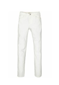 Jeans de mezclilla blanca con corte recto, diseño de cinco bolsillos y cierre de botón. Presenta costuras claras y acentos de ferretería mínimos.