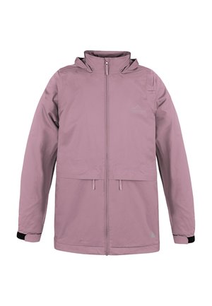 Light pink jacket with a zip front, high collar, and adjustable cuffs. Features a large front pocket and minimal logo detailing.