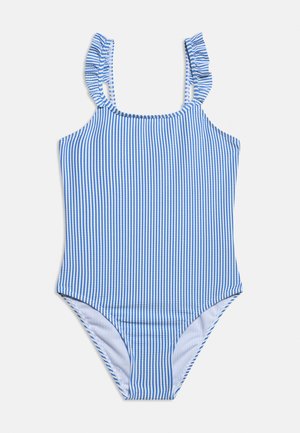 Ολόσωμο μαγιό με κάθετες ρίγες σε μπλε και λευκό χρώμα και βολάν στους ιμάντες των ώμων, σε λευκό φόντο.