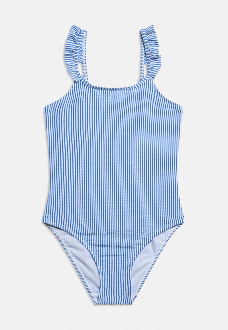 Ολόσωμο μαγιό με κάθετες ρίγες σε μπλε και λευκό χρώμα και βολάν στους ιμάντες των ώμων, σε λευκό φόντο.