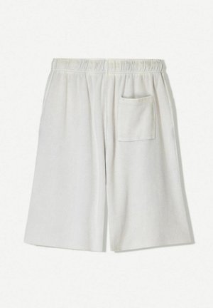 Light grey terry cloth shorts with an elastic waistband and a rear patch pocket. The fabric has a soft, textured surface and straight cut.