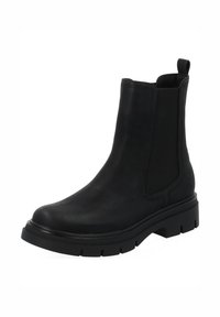 Botín Chelsea negro para tobillo hecho de cuero liso con paneles laterales elásticos y una suela gruesa de caucho con un patrón estriado.