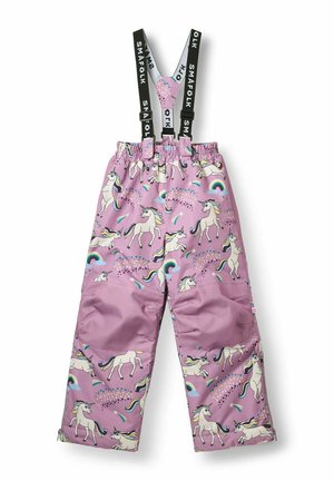 Pantalon de neige rose pour enfants avec motifs de licorne, arc-en-ciel et étoiles, avec des bretelles noires réglables avec texte blanc.