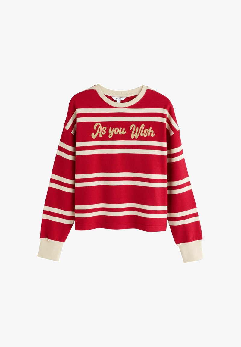 Suéter rojo de manga larga con rayas horizontales crema y puños crema, con el texto "As you Wish" en escritura dorada en el pecho.