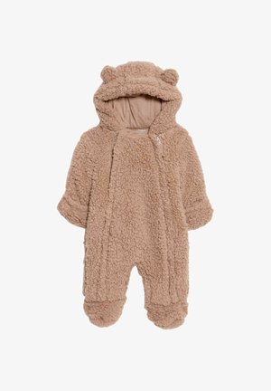 Tutina per neonati in pile marrone con cappuccio e orecchie da orso, maniche lunghe e coprifuoco; materiale morbido e testurizzato con chiusura a zip.