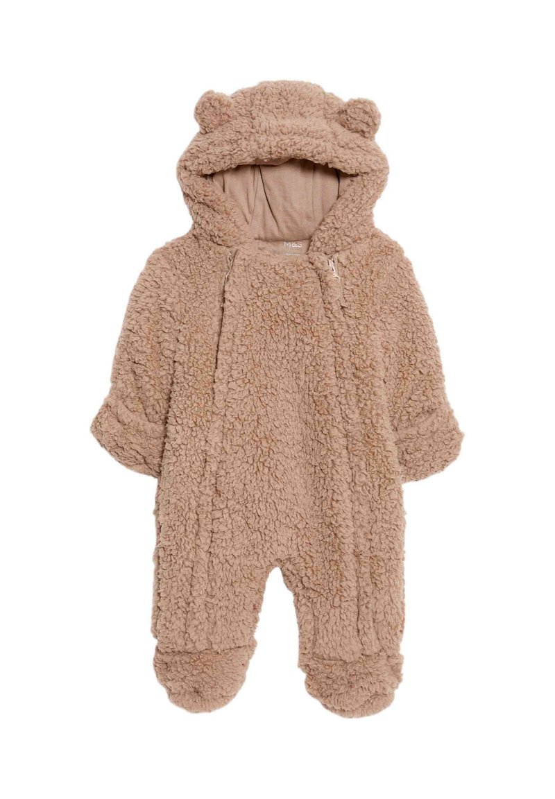 Bruine fleece baby overall met een capuchon met berenoren, lange mouwen en voetbedekking; textuur, zacht materiaal met ritsluiting.
