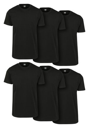 Conjunto de seis camisetas de algodón negro con mangas cortas, cuello redondo y un corte clásico. Presenta una textura suave y sin logotipos ni patrones visibles.