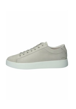 Light gray leather sneaker with a smooth surface, round toe, and flat white rubber sole. Features six eyelets and minimal branding on the heel.