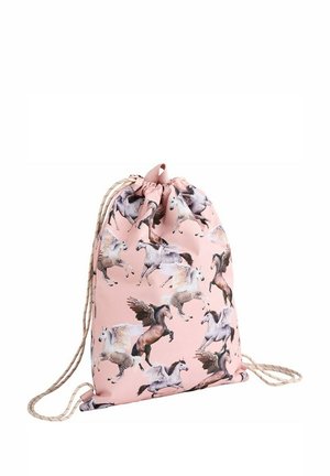 Sac à cordon rose avec des bretelles beige, décoré de diverses illustrations de chevaux volants et de Pégases en plusieurs couleurs.