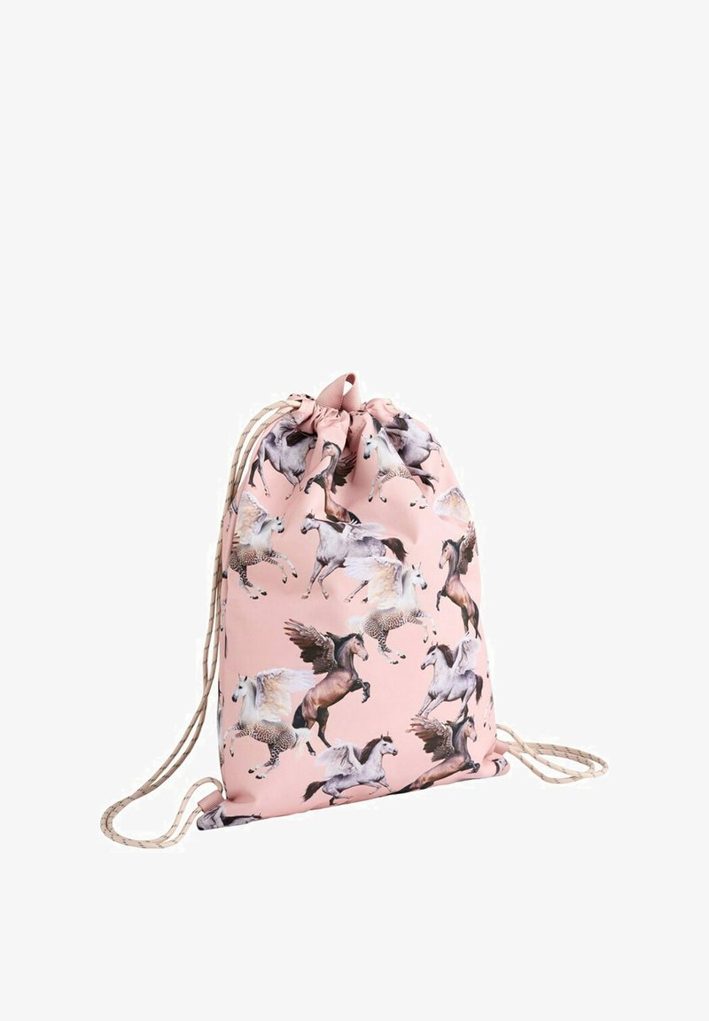 Różowy worek ze ściągaczem z beżowymi paskami, ozdobiony różnorodnymi ilustracjami latających koni i Pegaza w różnych kolorach.