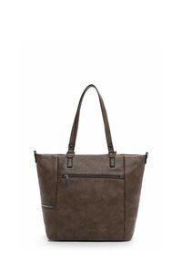 Sac fourre-tout en similicuir marron avec deux poignées supérieures, une poche zippée à l'avant et une texture lisse. Il est doté d'accents en matériel argenté.