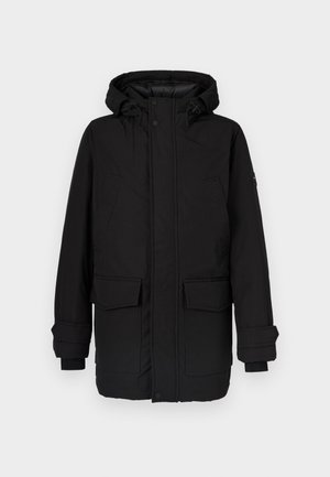 Parka matelassée noire avec capuche, dotée de deux poches avant, d'une fermeture éclair et de poignets réglables, au design épuré.