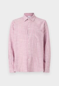Light pink button-up shirt with thin horizontal stripes in darker shades. Features a collared neck and left chest pocket, made of lightweight fabric.