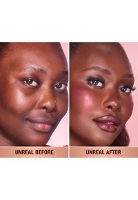 Before and after portraits showing skin texture, with the left side appearing natural and the right side featuring makeup enhancing color and features.