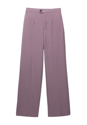Lavenderfarbene, weite Hosen aus glattem Stoff mit einem vorderen Knopfverschluss, Faltendetails und einem maßgeschneiderten Schnitt.
