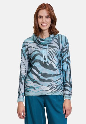 Leichter Pullover mit Kräuselkragen in blauen und grauen Tigerstreifen, mit langen Ärmeln und entspannter Passform, aus strukturiertem Strickstoff gefertigt.