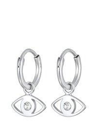 Sølv hoop øreringe har et øje design med en klar ædelsten i midten. Overfladen er glat og poleret.