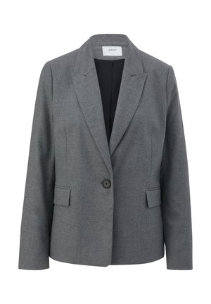 Grijze blazer van gestructureerde stof met een enkele zwarte knoop, inkepingen op de revers en zijzakken, met een getailleerde pasvorm.