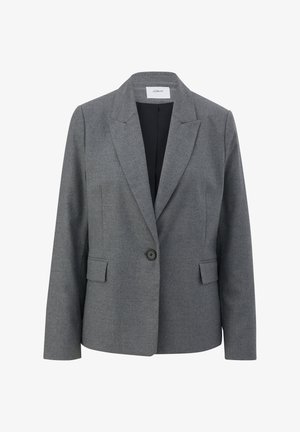 Gray blazer made of textured fabric with a single black button, notched lapels, and side pockets, featuring a tailored fit.