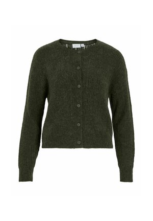 Mørkegrøn, tekstureret cardigan med lange ærmer, rund halsudskæring og seks matchende knapper foran. Blødt materiale.